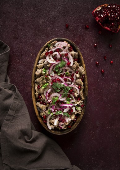 Kuchmachi, Traditional Georgian cuisine, chicken giblets appetizer, with spices and pomegranate