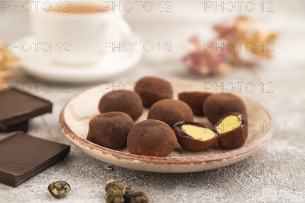 Japanese rice sweet buns chocolate mochi filled with cream and cup of green tea on brown concrete
