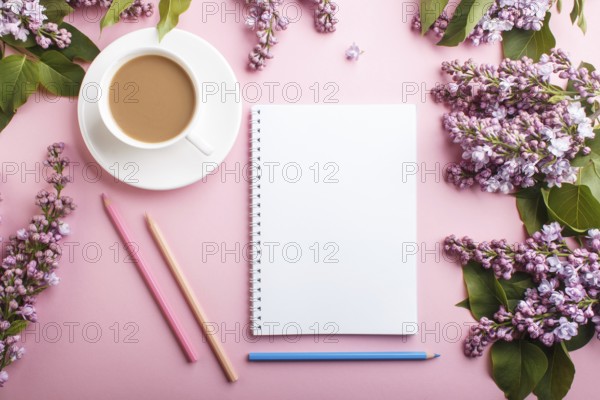 Purple lilac flowers and a cup of coffee with notebook and colored pencils on pastel pink