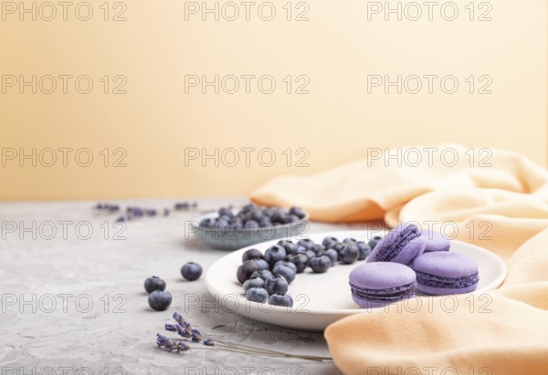 Purple macarons or macaroons cakes with blueberries on white ceramic plate on a gray and orange