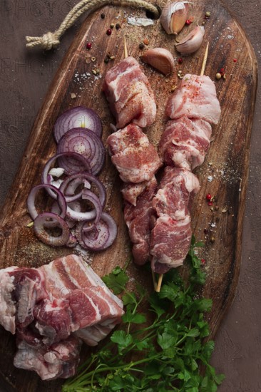 Raw pork meat, on wooden sticks, pickled kebab, with spices, top view, no people