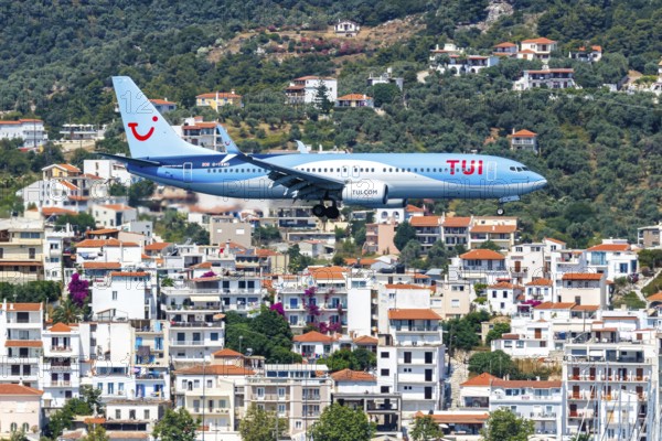 A TUI Airways Boeing 737-800 aircraft with the registration G-TAWO at Skiathos Airport, Greece,