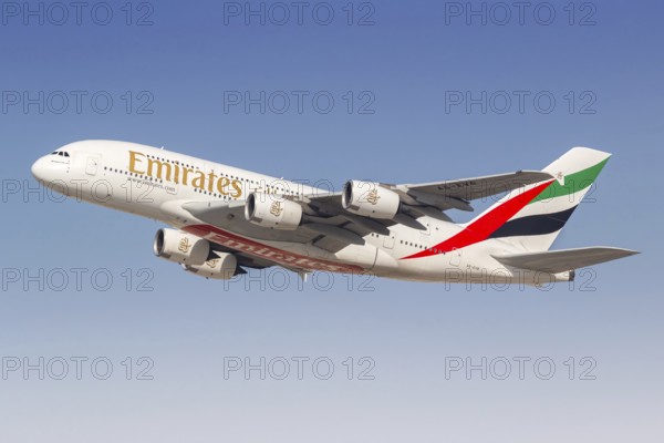 An Emirates Airbus A380-800 aircraft with the registration number A6-EVB at the airport in Dubai,