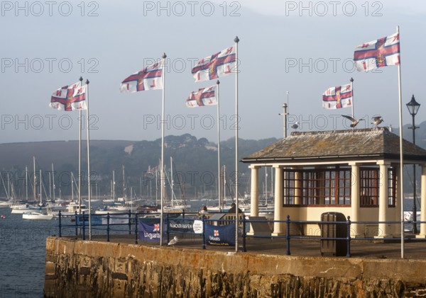 RNLI flags flying in the breeze on Prince of Wales pier, Falmouth, Cornwall, England, UK