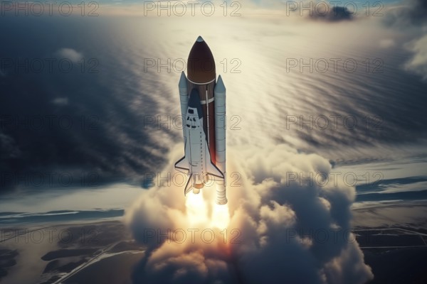 Aerial view of a rocket shuttle carrier launch at sunrise over an ocean coast. The rocket is