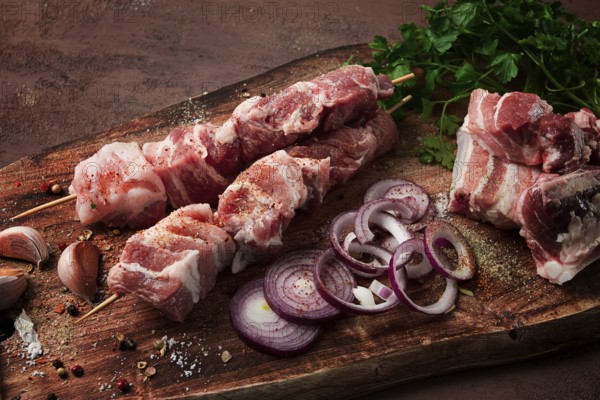 Rohes Schweinefleisch, auf Holzspießen, eingelegter Spieß, mit Gewürzen, Ansicht von oben, ohne
