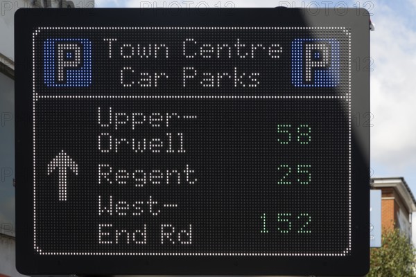 Electronic information sign about car parks and available spaces in town centre, Ipswich, Suffolk,