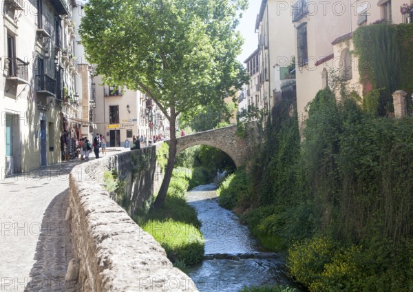 Historic buildings on Carrera del Darro and old bridge over the Rio Darro river, Granada, Spain,