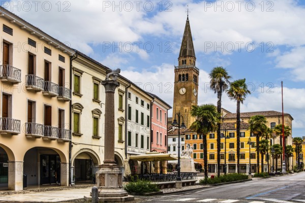Palaces on the old town streets with cathedral, medieval old town, Portogruaro, Veneto, Friuli,