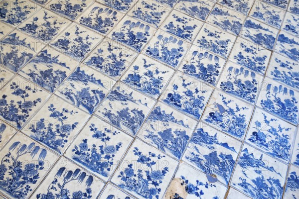 Blue and white porcelain tiles, Paradesi Synagogue, Matancherry, Jew Town, Cochin, Kerala, India,
