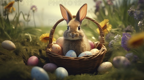 Cute Easter bunny sits beside a basket filled with colorful, decorated eggs amidst a vibrant green