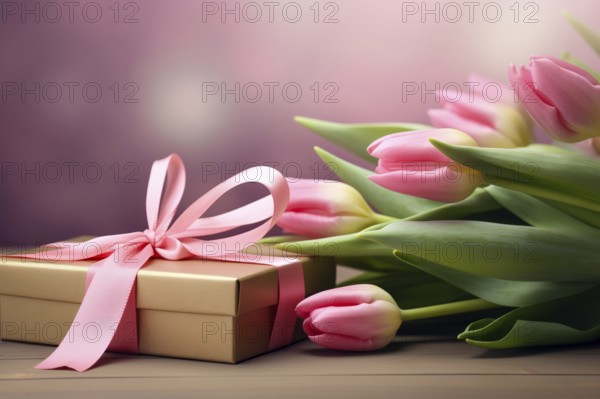 Gift Box with Pink Ribbon Beside bouquet of Fresh Tulips on Bokeh Background. Good for Valentine