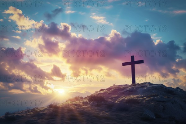 Easter concept cross on Golgotha Calvary hill against a dramatic sunset, AI generated