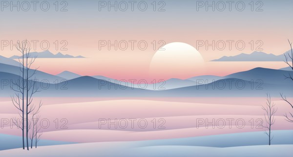 Illustration of a cold winter sunrise, represented by a minimalist gradient of soft pastel pinks