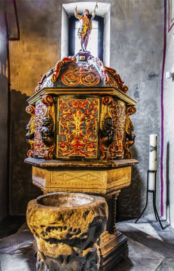 Baptismal font in St John's Chapel, San Giusto Cathedral, Colle di San Giusto, Trieste, harbour