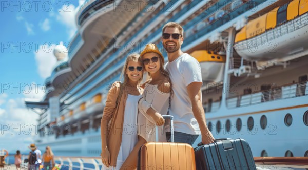 A family of four is posing for a picture in front of a cruise ship before going on vacation. They