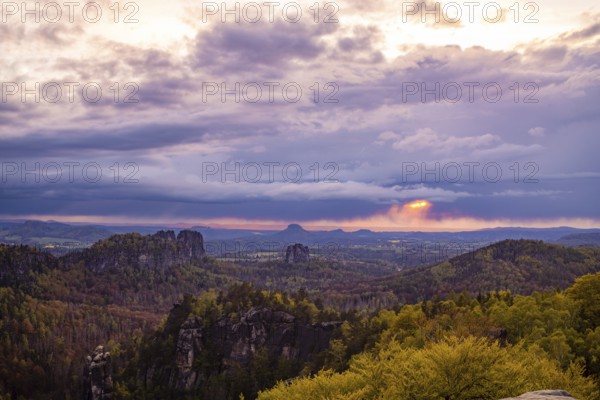 View of the Schrammstein chain, the Falkenstein and the Lilienstein from the Carolafelsen, Bad