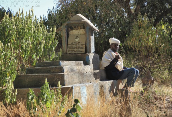 Yeha village, cemetery and cemetery guardian at the monastery, Abba Aftse church, Abuna Aftse,