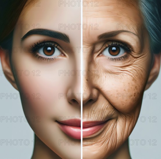 Youth and age, a face with a youthful and an old part with wrinkles, symbol image lifetime, age