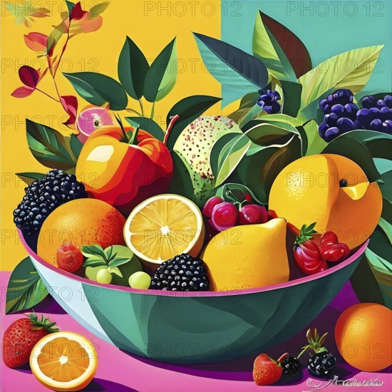 Vibrant illustration of a bowl brimming with a cascade of fresh fruits and vegetables, AI generated