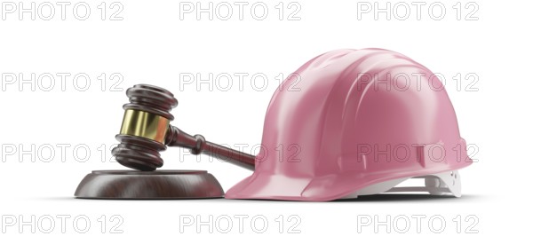 Pink hard hat and gavel isolated on a white background