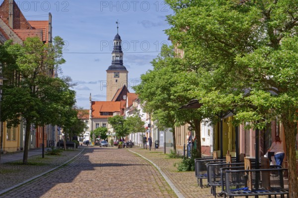Residential and commercial buildings in Ernst-Thälmann-Straße, planted with trees and paved with