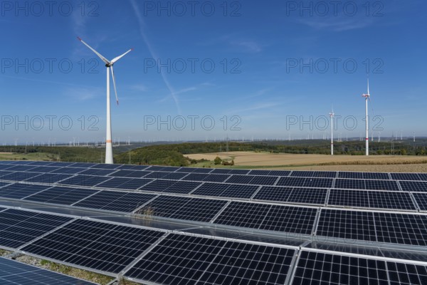 Wind farm near Bad Wünneberg, solar plant, Ostwestfalen Lippe, North Rhine-Westphalia, Germany,
