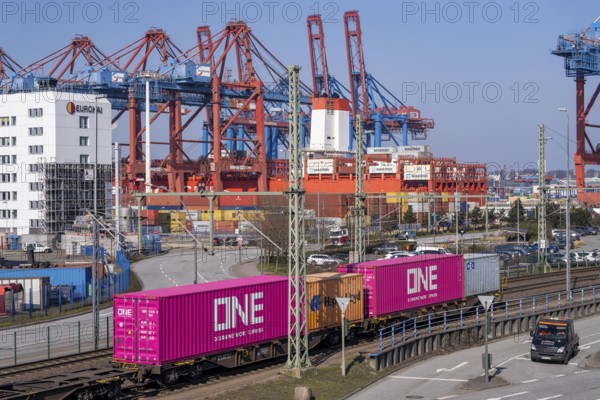 Port of Hamburg, Waltershofer Hafen, container ships, goods train with containers brings and