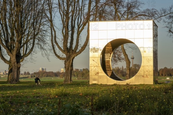 Rheinpark Neuss, cube structure as a recreation area, built as part of Euroga 2002plus, view of the