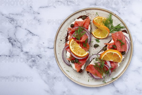 Sandwich with freshly smoked salmon, on black bread, with cottage cheese, with herbs and red