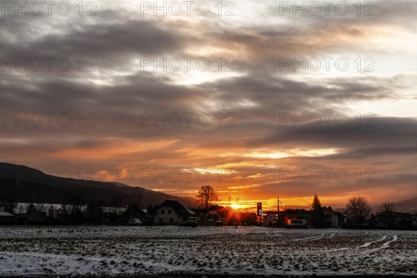 Winter mood, cloudy mood at sunset, near Krieglach, Styria, Austria, Europe