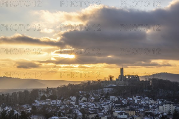 Viewpoint and landscape shot in the evening at sunset. Cold weather and light snow at Schlossblick.