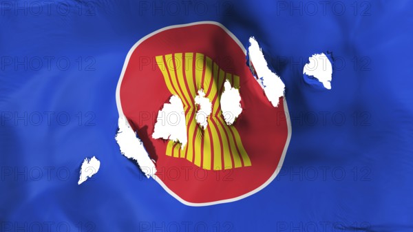 Association of South East Asian Nations flag perforated, bullet holes, white background, 3d