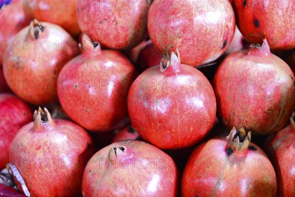 Pomegranates (Punica granatum) for sale, Mysore, Karnataka, South India, Pile of fresh red
