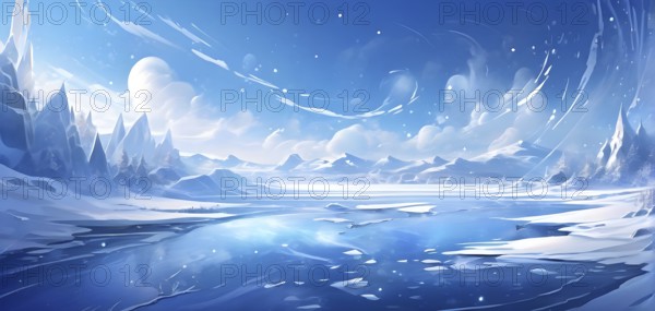 Abstract illustration of dreamy, icy landscape with swirling blues, whites, and silvers, evoking