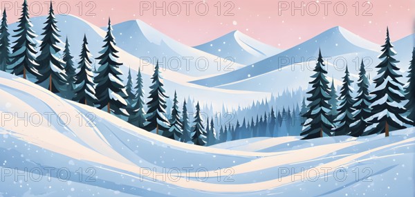 Abstract winter wonderland with minimalist stylized pine trees and snowdrifts using soft pastel