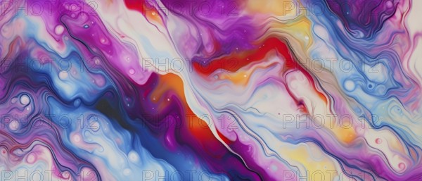Abstract painting with fluid swirling pastel colors of magenta, blue, red, orange and yellow, AI