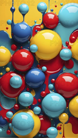 Abstract image with vibrant blue and red blobs and liquid shapes on a yellow background, AI