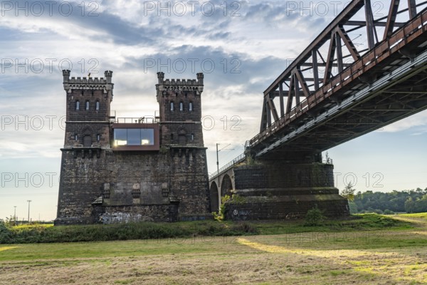 The railway bridge Duisburg-Hochfeld-Rheinhausen, over the Rhine, regional trains and many goods