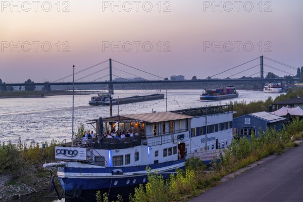 Restaurantschife at the Rhine harbour on Robert-Lehr-Ufer, in Düsseldorf, in the background the