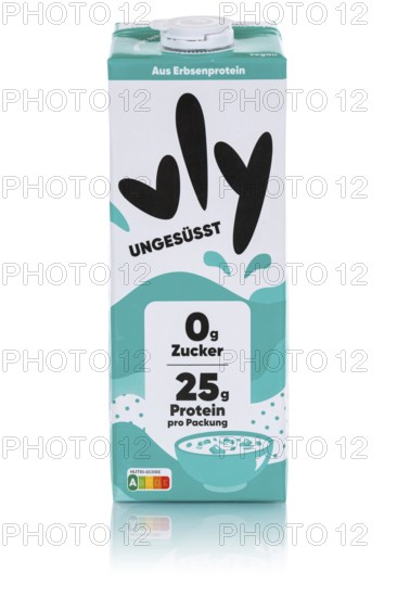 Vly variety of unsweetened vegan pea milk milk substitute cut out against a white background