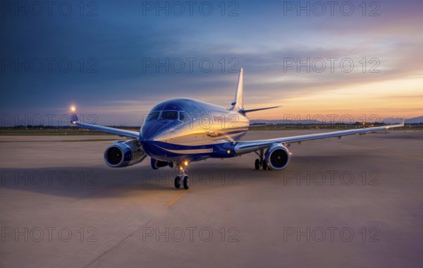 Plane takeoff at the airport at sunset with passengers and tourists going on vacation, AI generated