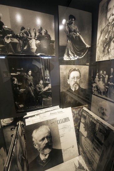 Showcase with photos of Russian artists around 1900, Anton Chekhov, Peter Tchaikovsky, Konstantin