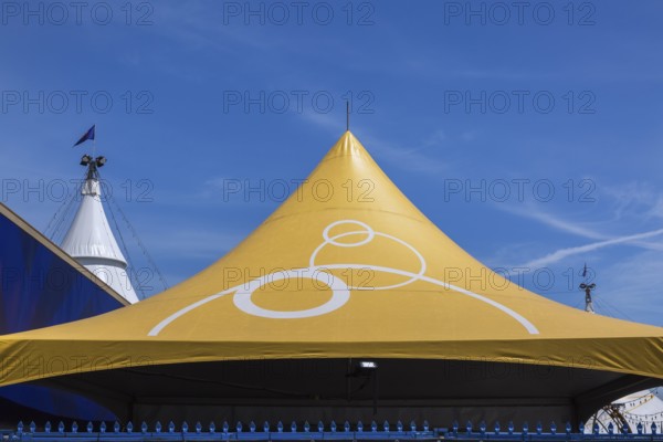 Cirque du Soleil 'Kurios' big top tent installation in old port of Montreal in spring, Quebec,