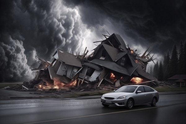 A car is in front of a destroyed by disaster house that is on fire, AI generated