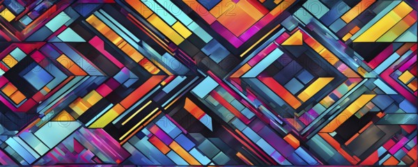 Abstract geometric patchwork illustration with vibrant intersecting geometric shapes filled with