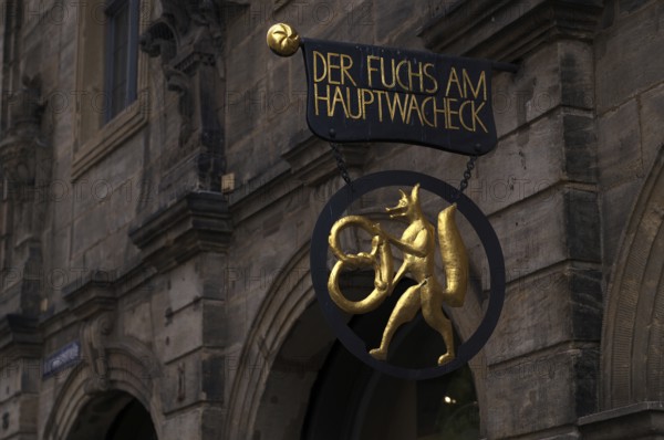 Fox with pretzel, nose sign of the bakery Der Fuchs am Hauptwacheck, café, Bamberg, Upper