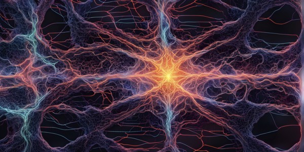 Abstract representation of neural networks modeled after the human brain with intricate web-like
