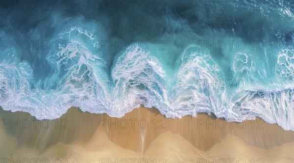 Drone bird's eye view of the ocean waves hitting the shore and sandy beach, AI generated
