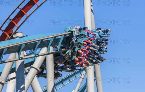 Theme park guests riding Dragon Challenge roller coaster in Wizarding World of Harry Potter at